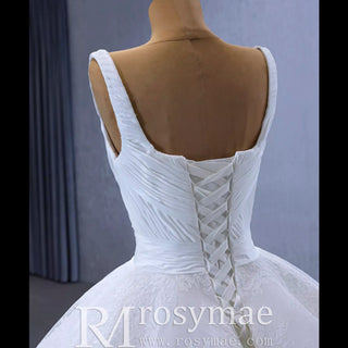 Embroidery Lace Square Neck Ball Gown Wedding Dress with Wide Strap - Rosymae