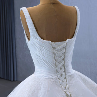 Embroidery Lace Square Neck Ball Gown Wedding Dress with Wide Strap - Rosymae