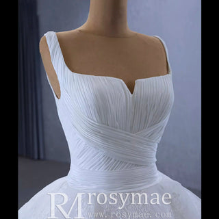 Embroidery Lace Square Neck Ball Gown Wedding Dress with Wide Strap - Rosymae