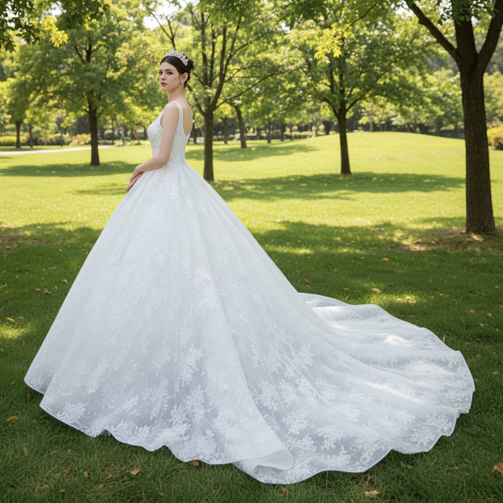 Embroidery Lace Square Neck Ball Gown Wedding Dress with Wide Strap - Rosymae