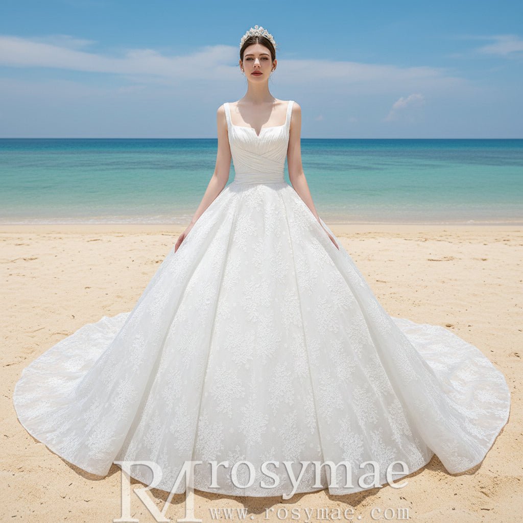 Embroidery Lace Square Neck Ball Gown Wedding Dress with Wide Strap - Rosymae