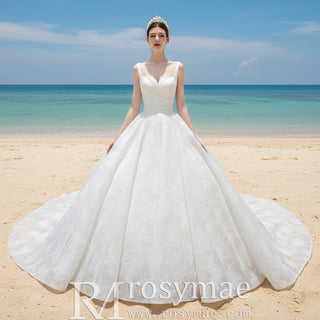 Embroidery Lace Square Neck Ball Gown Wedding Dress with Wide Strap - Rosymae
