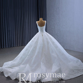 Embroidery Lace Square Neck Ball Gown Wedding Dress with Wide Strap - Rosymae