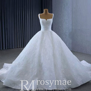 Embroidery Lace Square Neck Ball Gown Wedding Dress with Wide Strap - Rosymae