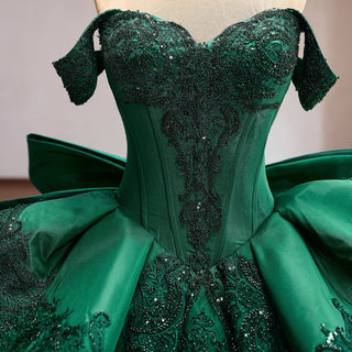 Emerald Green Off-Shoulder Satin Ball Gown with Lace Appliqué Oversized Back Bow