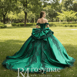 Emerald Green Off-Shoulder Satin Ball Gown with Lace Appliqué Oversized Back Bow