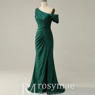 Emerald Green Off the Shoulder Mermaid Prom Party Dress with Leg Slit - Rosymae