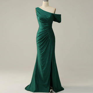 Emerald Green Off the Shoulder Mermaid Prom Party Dress with Leg Slit - Rosymae