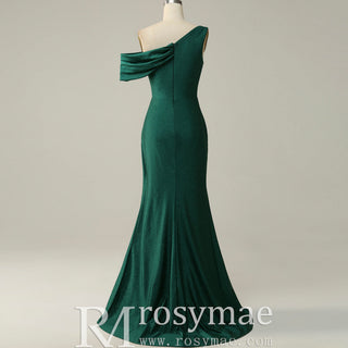 Emerald Green Off the Shoulder Mermaid Prom Party Dress with Leg Slit - Rosymae
