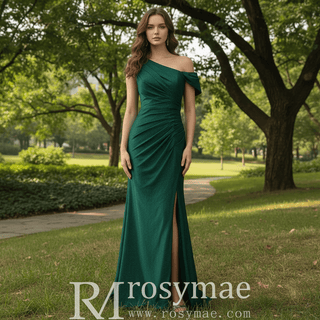 Emerald Green Off the Shoulder Mermaid Prom Party Dress with Leg Slit - Rosymae