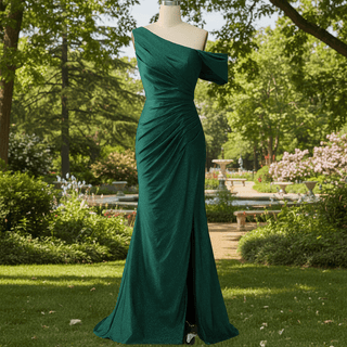 Emerald Green Off the Shoulder Mermaid Prom Party Dress with Leg Slit - Rosymae