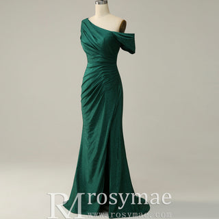 Emerald Green Off the Shoulder Mermaid Prom Party Dress with Leg Slit