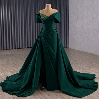 Emerald Green Satin Off-the-Shoulder Prom Gown Formal Dress - Rosymae