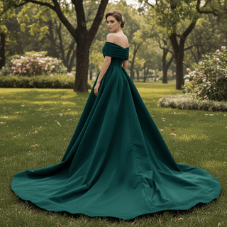 Emerald Green Satin Off-the-Shoulder Prom Gown Formal Dress - Rosymae