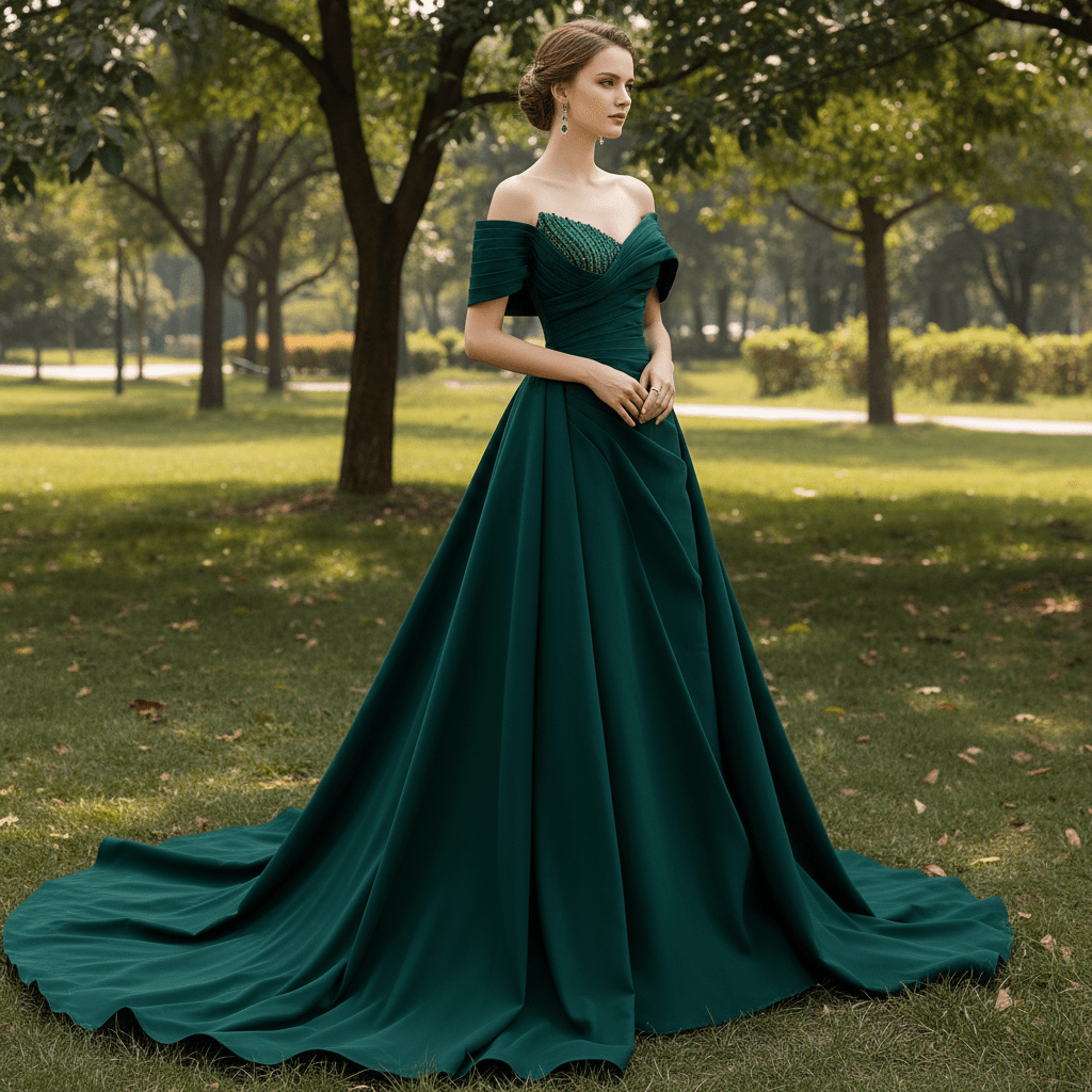 Emerald Green Satin Off-the-Shoulder Prom Gown Formal Dress - Rosymae