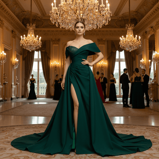 Emerald Green Satin Off-the-Shoulder Prom Gown Formal Dress - Rosymae