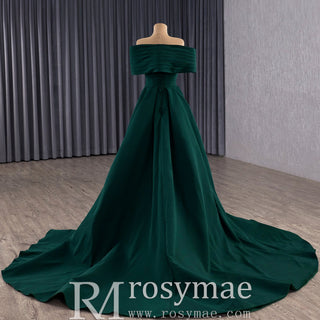 Emerald Green Satin Off-the-Shoulder Prom Gown Formal Dress - Rosymae