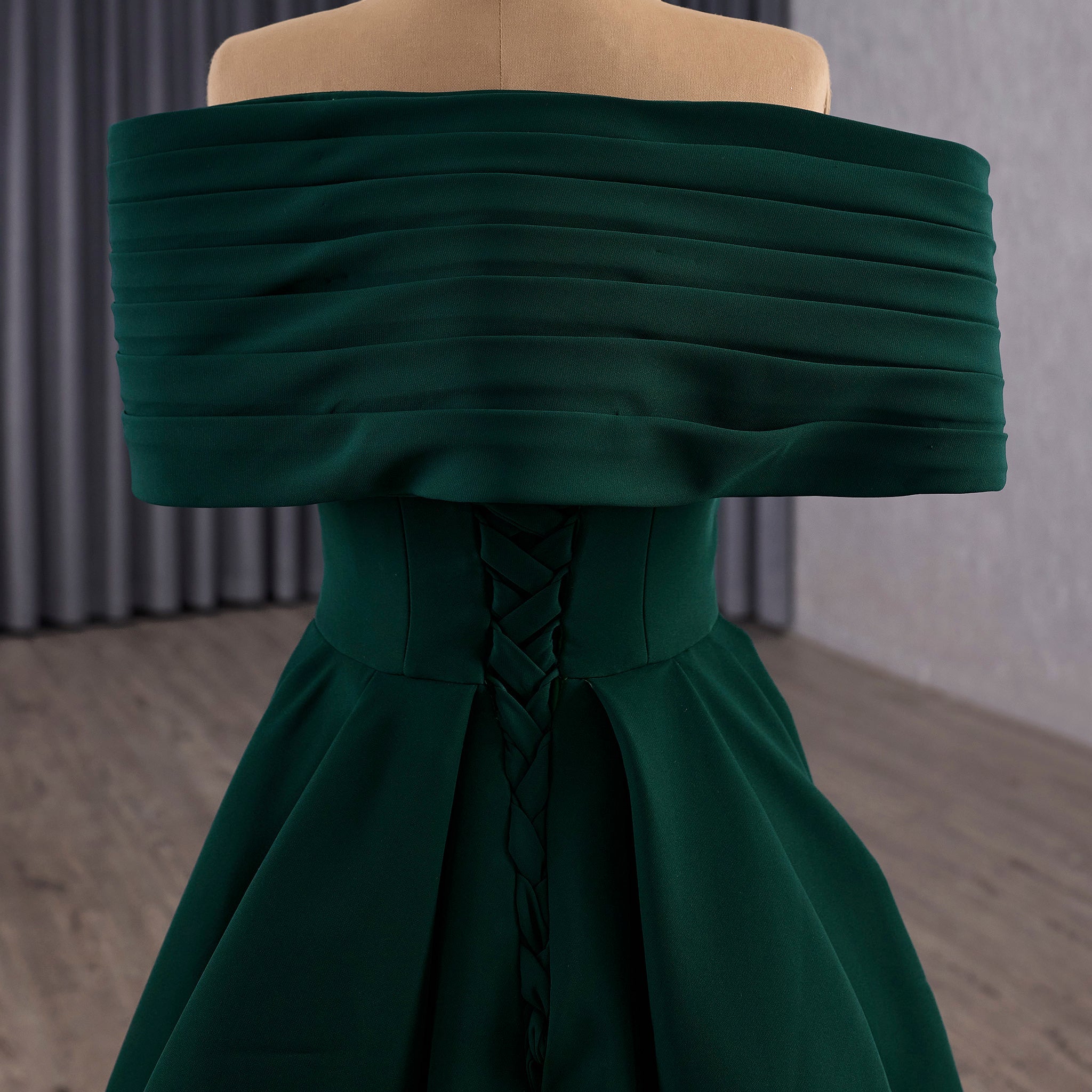 Emerald Green Satin Off-the-Shoulder Prom Gown Formal Dress - Rosymae
