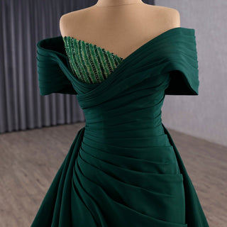 Emerald Green Satin Off-the-Shoulder Prom Gown Formal Dress - Rosymae
