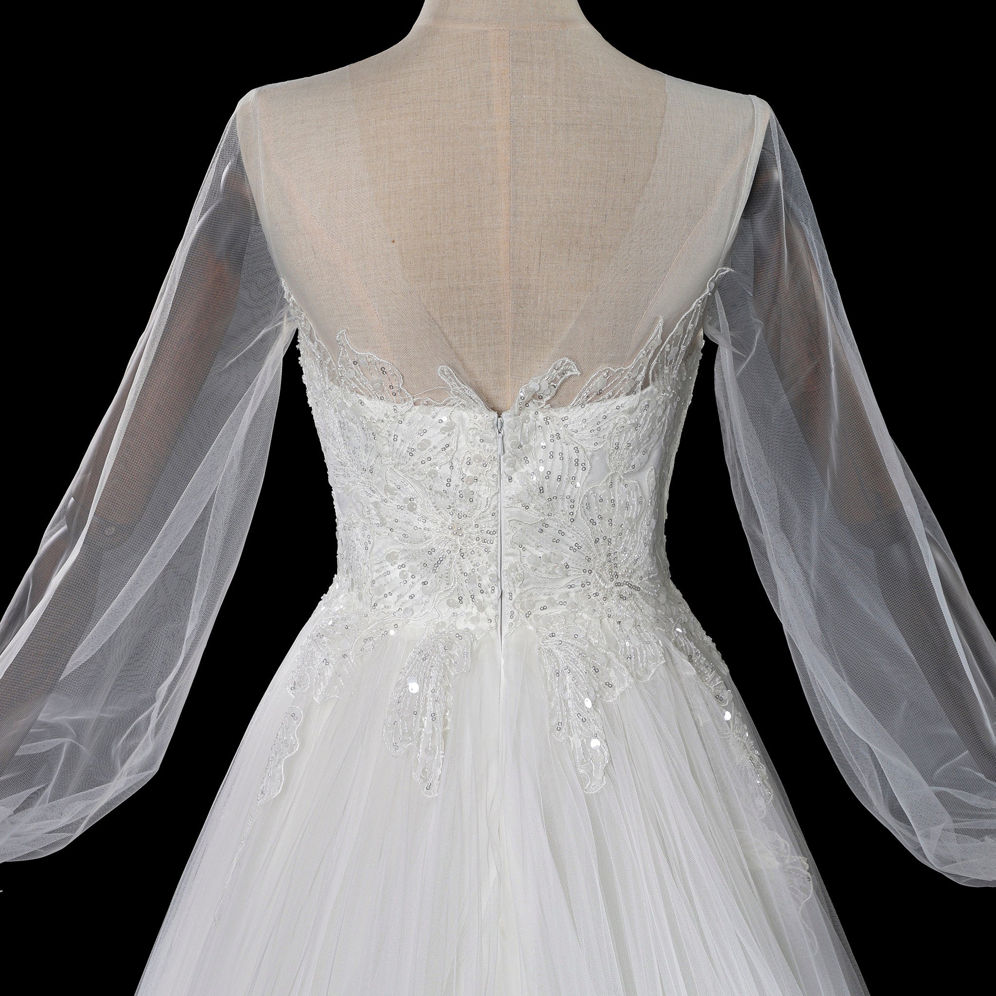 Ethereal A-Line Tulle Wedding Dress with Illusion Bateau Neckline & Bishop Sleeves - Rosymae