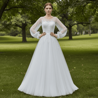 Ethereal A-Line Tulle Wedding Dress with Illusion Bateau Neckline & Bishop Sleeves - Rosymae