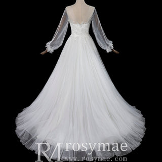 Ethereal A-Line Tulle Wedding Dress with Illusion Bateau Neckline & Bishop Sleeves - Rosymae