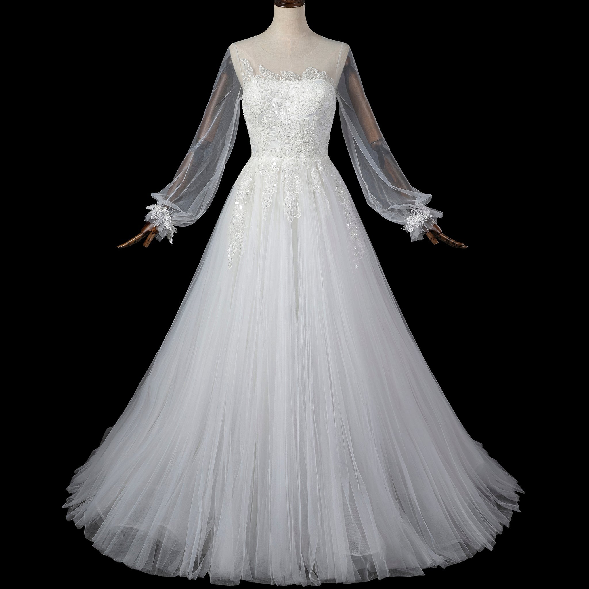 Ethereal A-Line Tulle Wedding Dress with Illusion Bateau Neckline & Bishop Sleeves - Rosymae