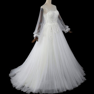 Ethereal A-Line Tulle Wedding Dress with Illusion Bateau Neckline & Bishop Sleeves - Rosymae
