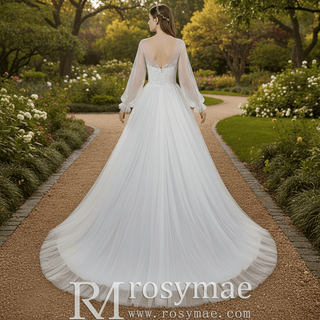 Ethereal A-Line Tulle Wedding Dress with Illusion Bateau Neckline & Bishop Sleeves - Rosymae