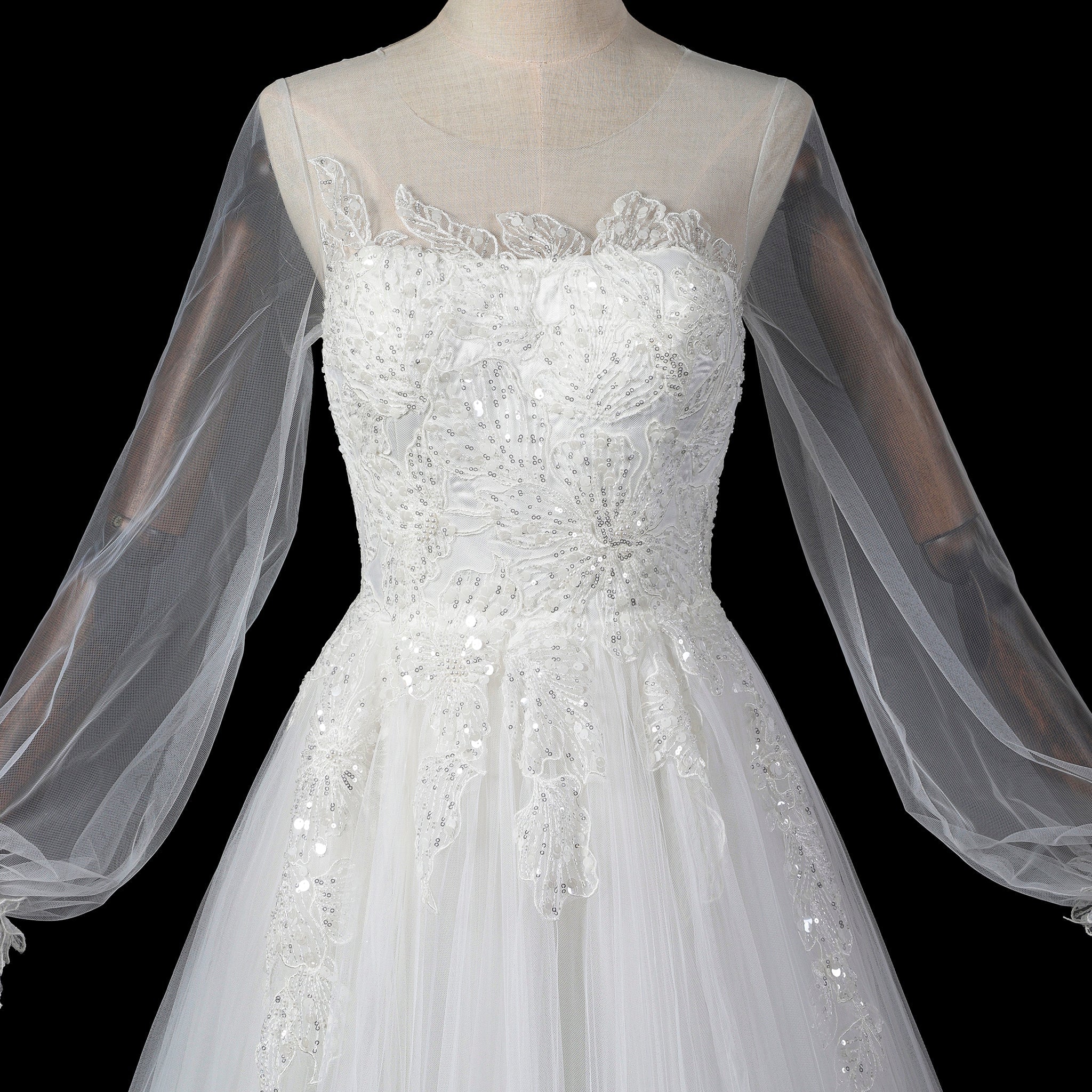 Ethereal A-Line Tulle Wedding Dress with Illusion Bateau Neckline & Bishop Sleeves - Rosymae