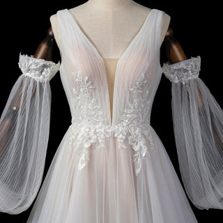 Ethereal Fairytale Plunging V-Neck A-Line Wedding Dress with Detachable Bishop Sleeves - Rosymae