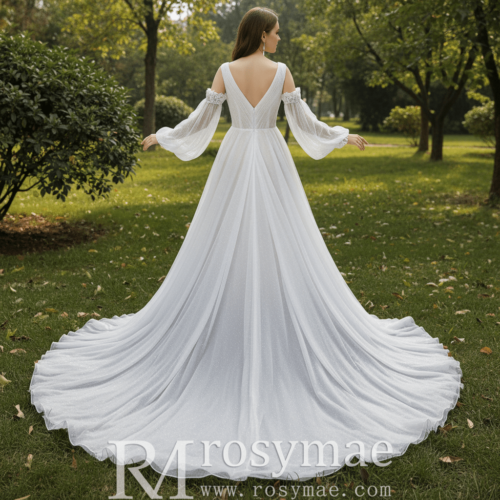 Ethereal Fairytale Plunging V-Neck A-Line Wedding Dress with Detachable Bishop Sleeves - Rosymae