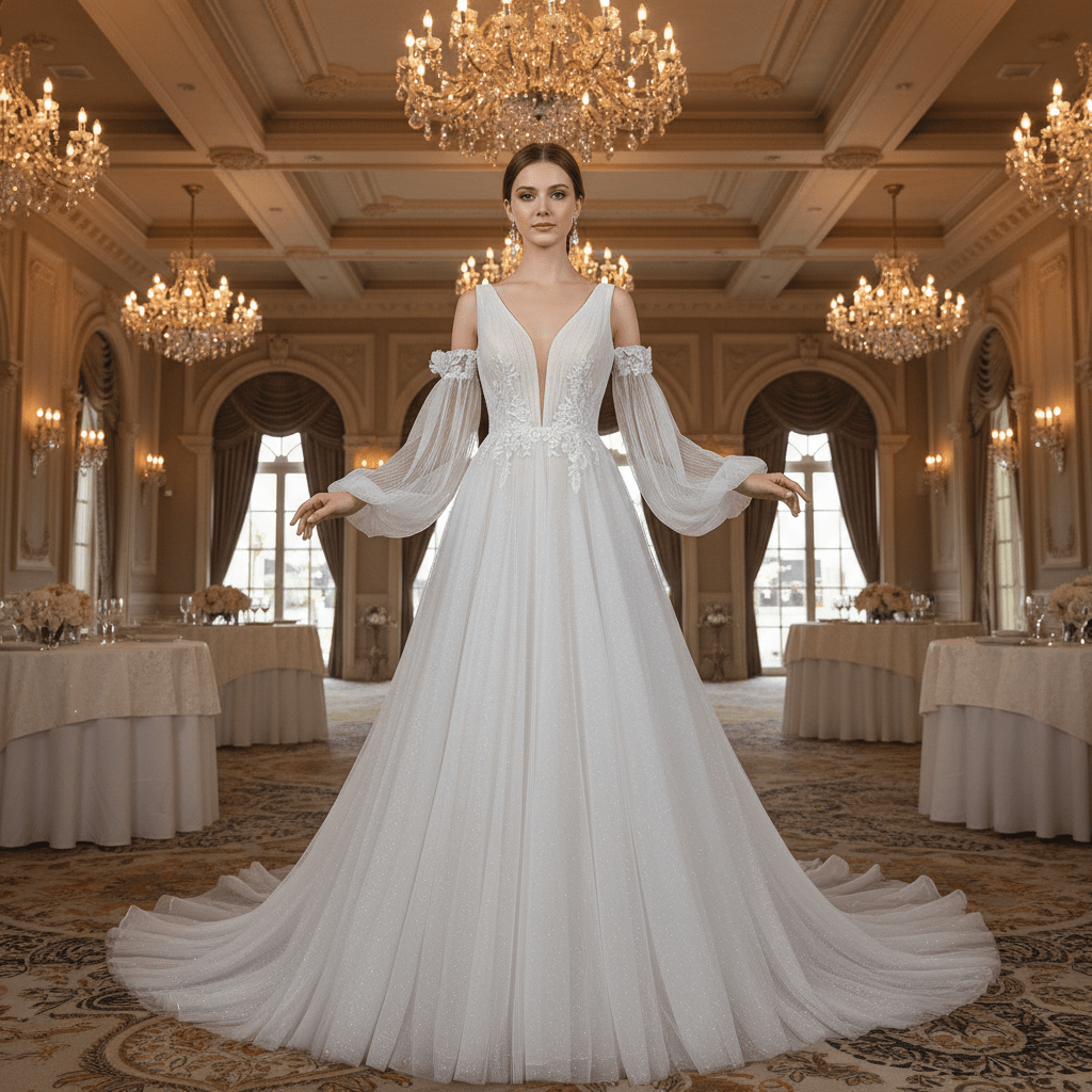 Ethereal Fairytale Plunging V-Neck A-Line Wedding Dress with Detachable Bishop Sleeves - Rosymae