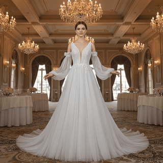 Ethereal Fairytale Plunging V-Neck A-Line Wedding Dress with Detachable Bishop Sleeves - Rosymae