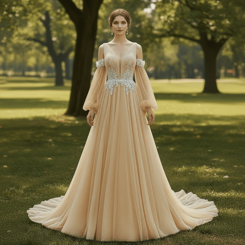 Ethereal Fairytale Plunging V-Neck A-Line Wedding Dress with Detachable Bishop Sleeves - Rosymae