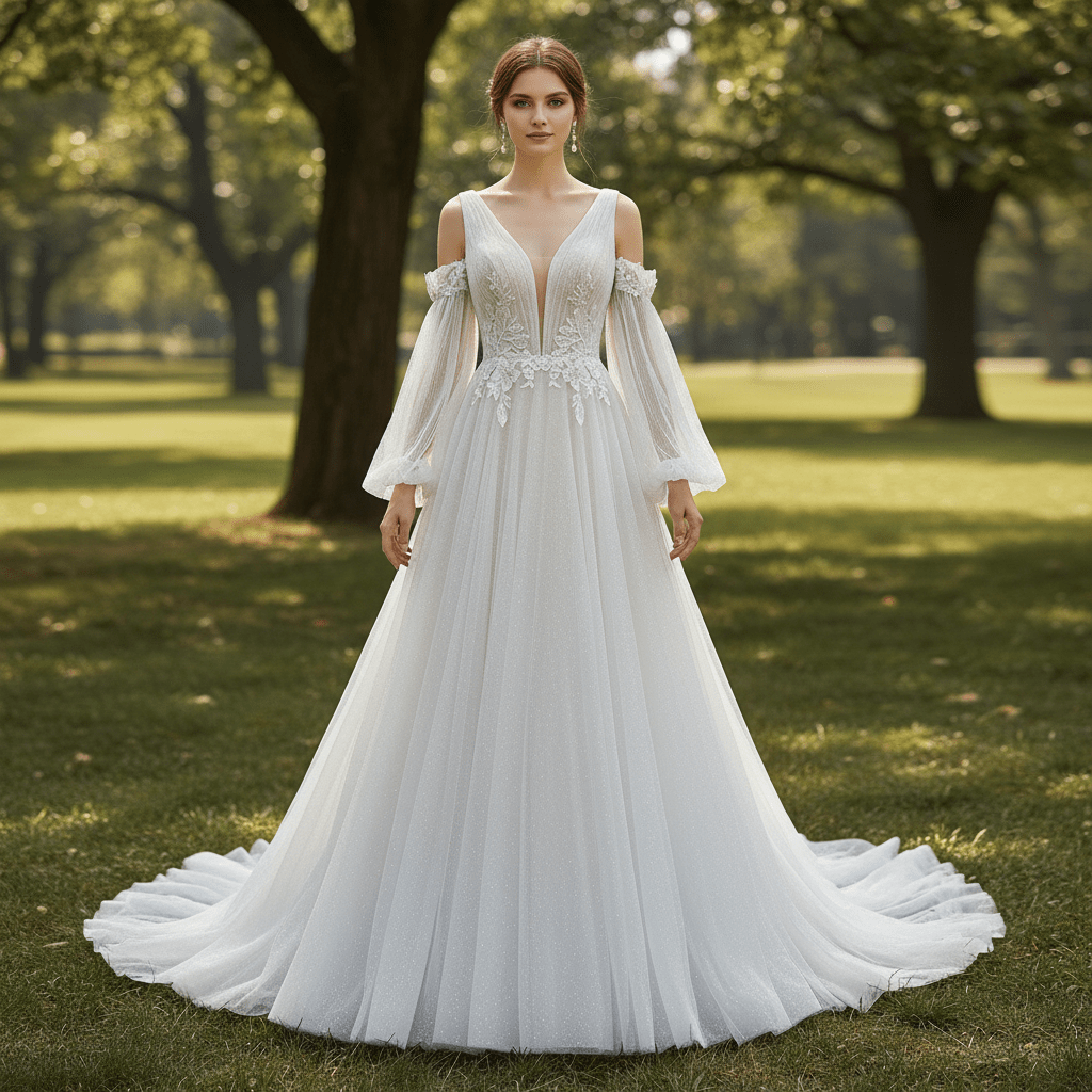 Ethereal Fairytale Plunging V-Neck A-Line Wedding Dress with Detachable Bishop Sleeves - Rosymae