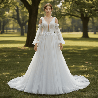 Ethereal Fairytale Plunging V-Neck A-Line Wedding Dress with Detachable Bishop Sleeves - Rosymae