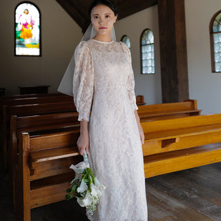 A-line Vintage-style Bridal gown Tea Length Wedding Dress 3/4 Sleeve