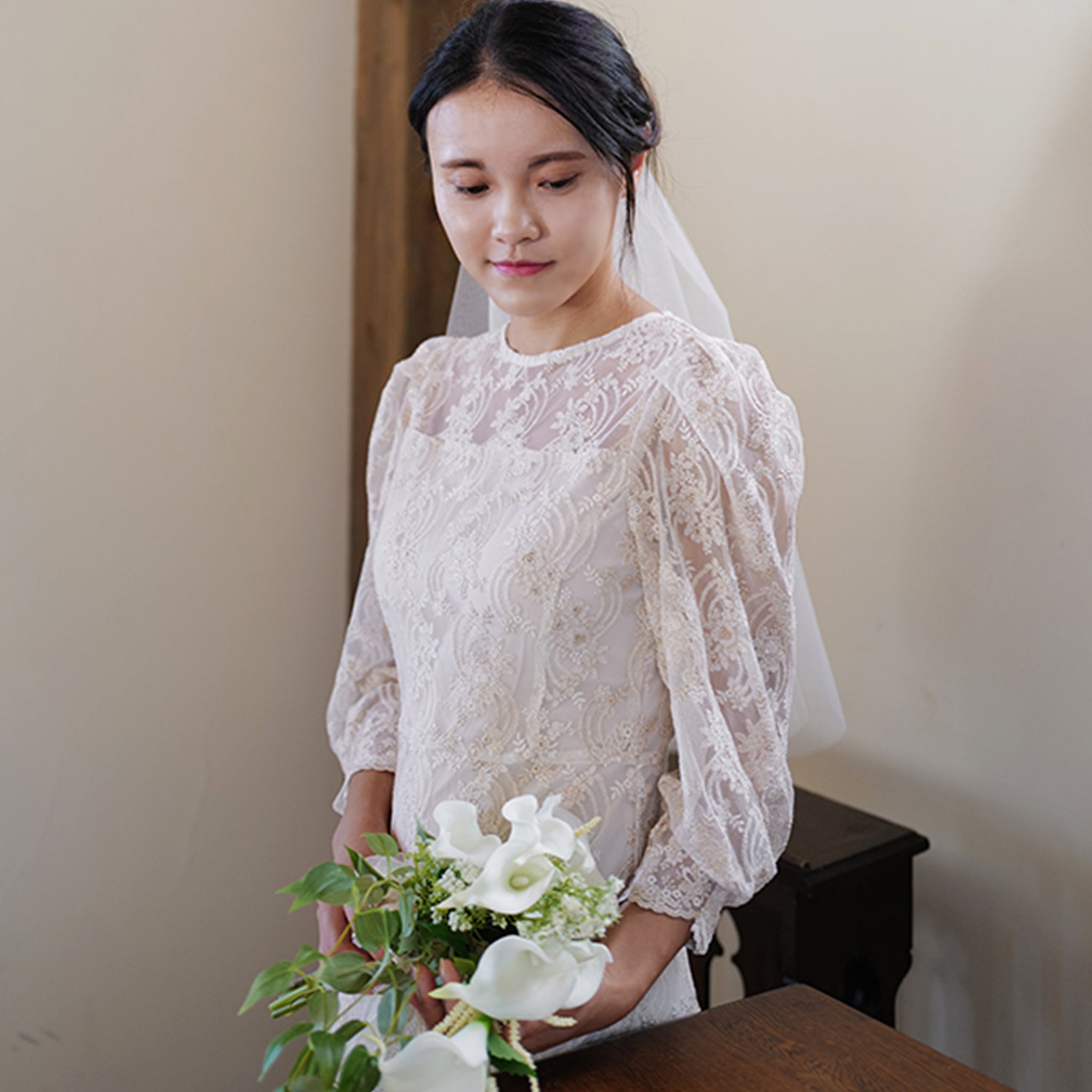 victorian style wedding dresses A-line Vintage-style Bridal gown Tea Length Wedding Dress 3/4 Sleeve Off White / 16