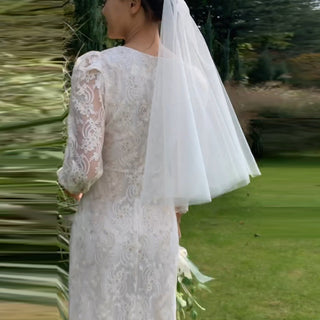 A-line Vintage-style Bridal gown Tea Length Wedding Dress 3/4 Sleeve