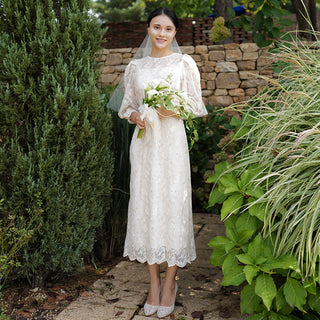 A-line Vintage-style Bridal gown Tea Length Wedding Dress 3/4 Sleeve