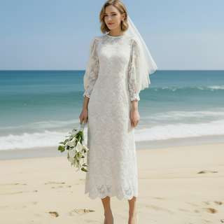 A-line Vintage-style Bridal gown Tea Length Wedding Dress 3/4 Sleeve
