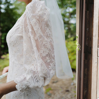 A-line Vintage-style Bridal gown Tea Length Wedding Dress 3/4 Sleeve
