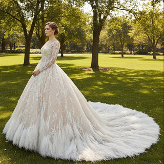 Fabulous Luxury Feathered Wedding Dresses with Long Sleeve - Rosymae