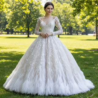 Fabulous Luxury Feathered Wedding Dresses with Long Sleeve - Rosymae