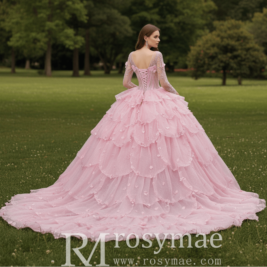 Fairy Candy Pink Quinceanera Dress with V-Neckline Cascading Tiered Ruffles - Rosymae