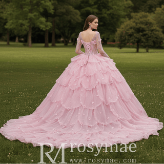 Fairy Candy Pink Quinceanera Dress with V-Neckline Cascading Tiered Ruffles - Rosymae