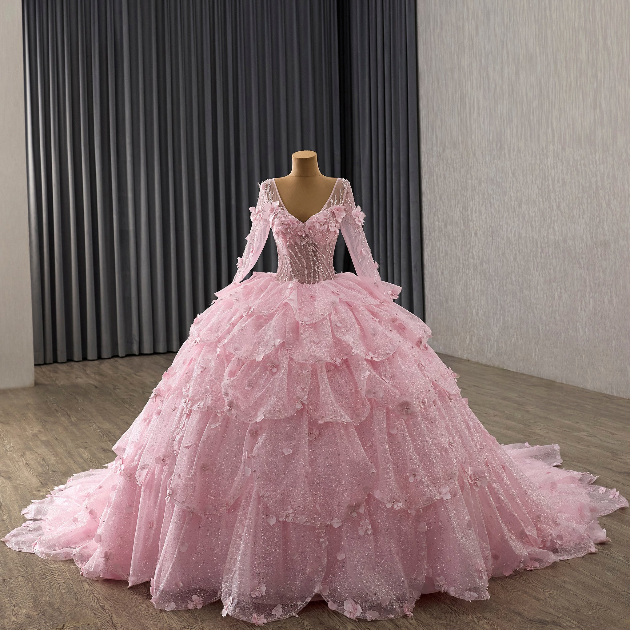 Fairy Candy Pink Quinceanera Dress with V-Neckline Cascading Tiered Ruffles - Rosymae