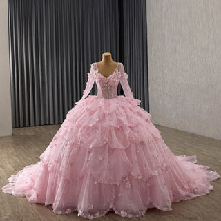 Fairy Candy Pink Quinceanera Dress with V-Neckline Cascading Tiered Ruffles - Rosymae