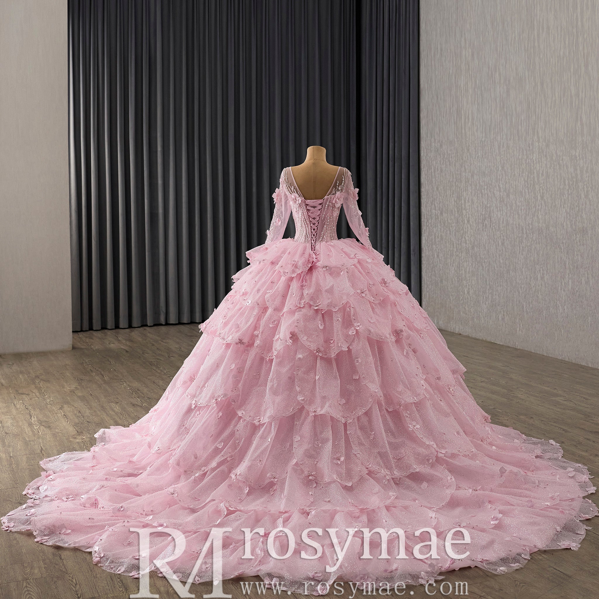 Fairy Candy Pink Quinceanera Dress with V-Neckline Cascading Tiered Ruffles - Rosymae